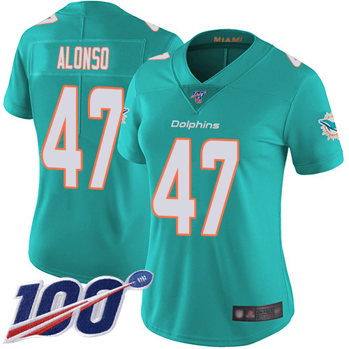 Nike Miami Dolphins #47 Kiko Alonso Aqua Green Team Color Women Stitched NFL 100th Season Vapor Limited Jersey->women nfl jersey->Women Jersey